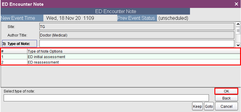 Select type of note and click ok
