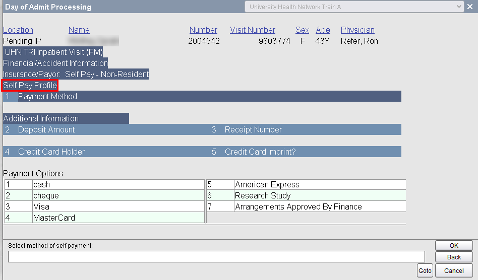 Self Pay Profile screen