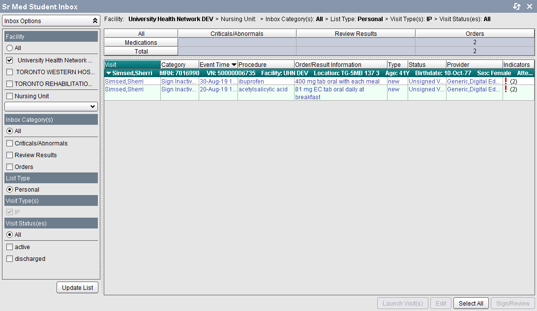 Pt Selection tab - Sr Med Student Inbox
