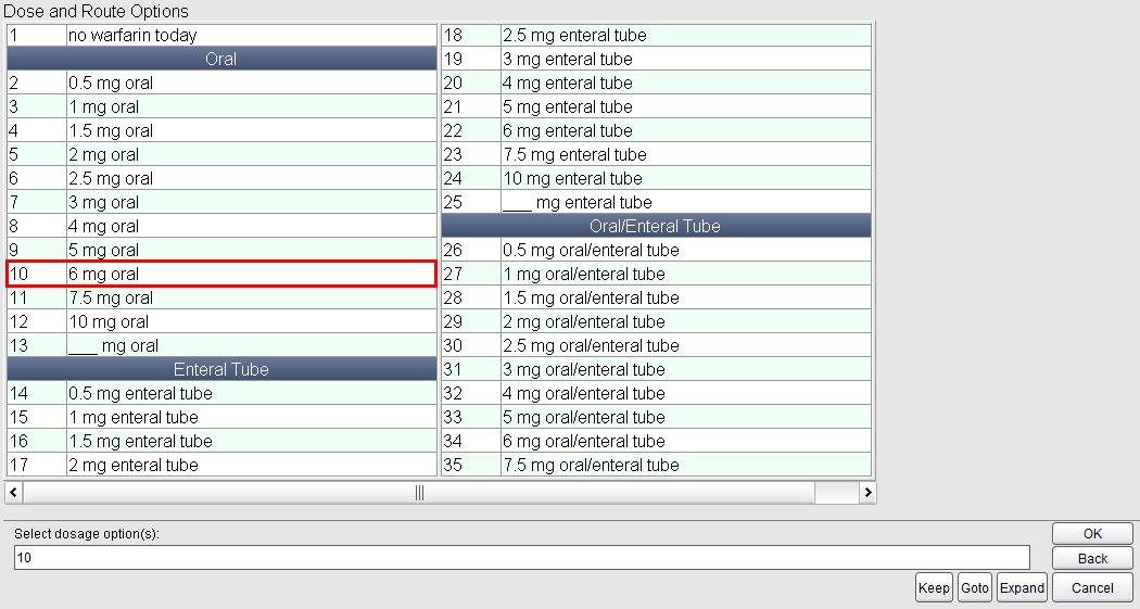 Dose option 10 selected