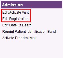 Admission options of Clinic Secretary Admin role