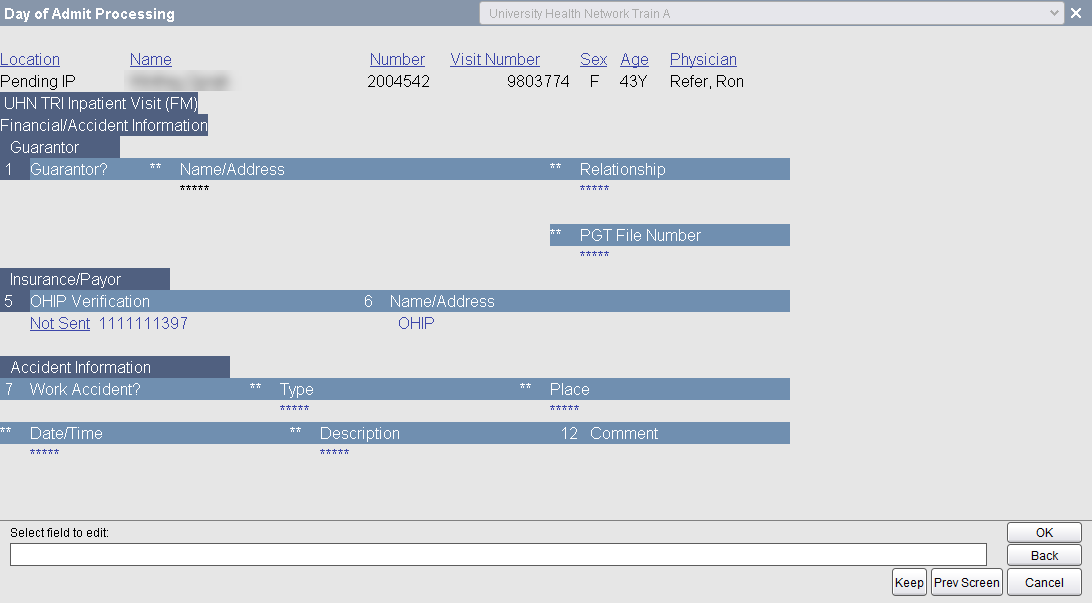 Financial/Accident Information screen