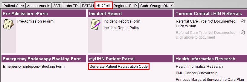eForms tab and generate patient registration code
