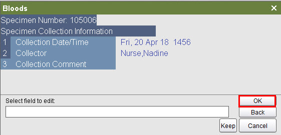 Specimen Collection Information screen