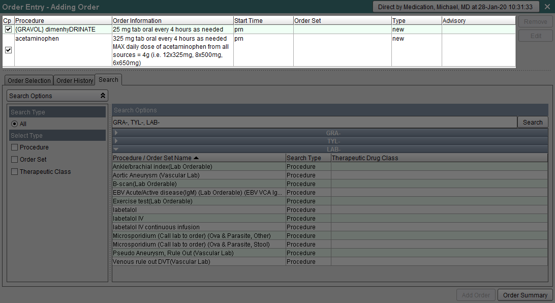 GRAVOL and TYLENOL orders in Order Preview area