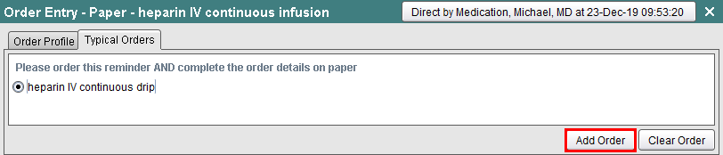Typical Orders screen