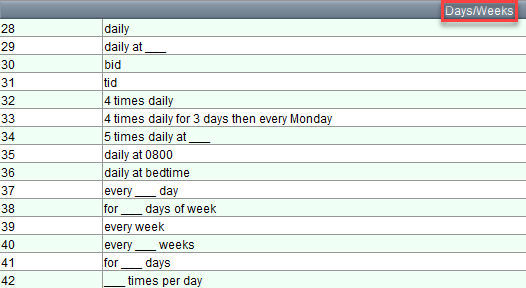 Days/Weeks list of options