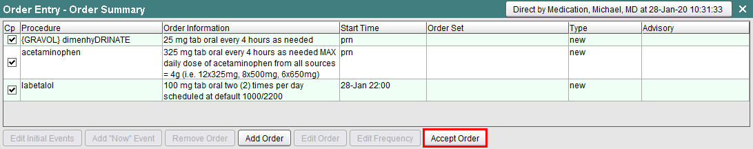Order Summary screen - Accept Order