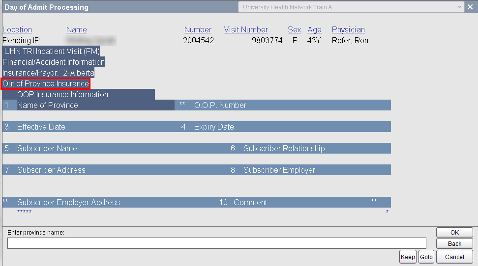 Out of Province Insurance screen