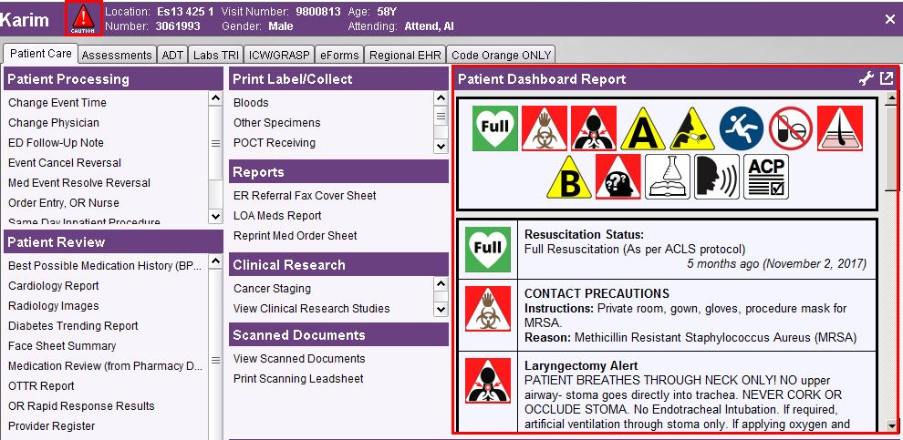 Cautions Triangle and Patient Dashboard Report