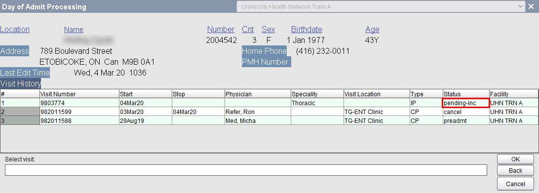 Patient's pending IP visit