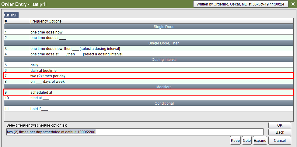 List of frequency options with q8h selected