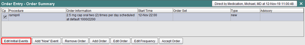 Order Summary screen - Edit Initial Events button